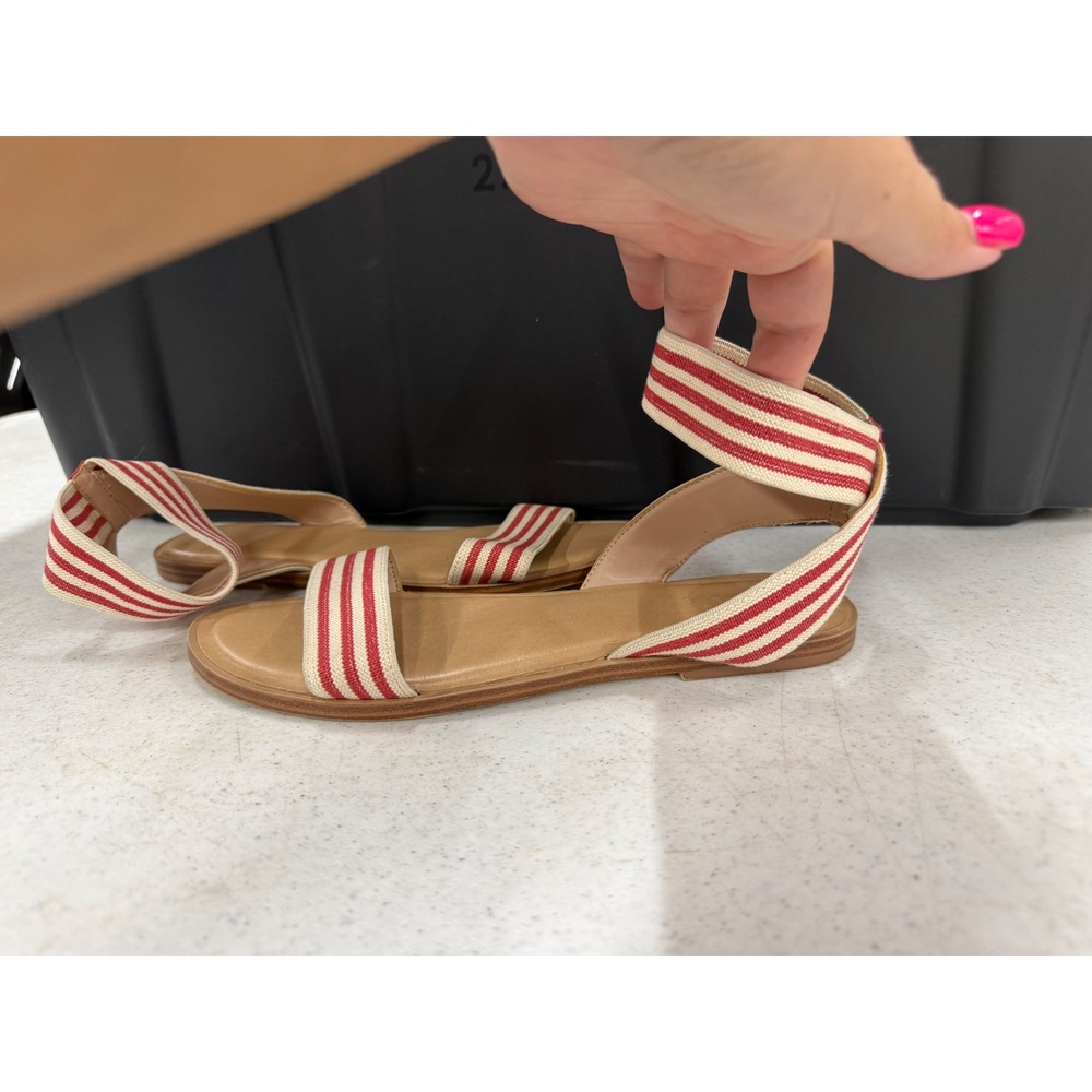 Red White Striped Elastic Ankle Wrap Flat Sandals Women 7.5 Open Toe Nautical